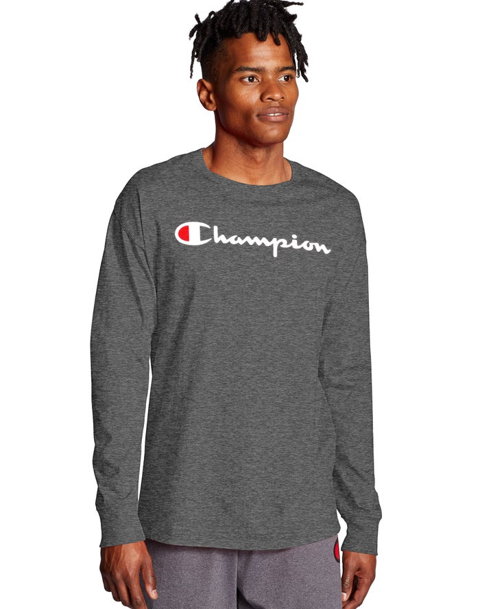 Champion Herre T-Shirts MørkeGrå - Classic Long-Sleeve Script Logo - Danmark HMV-412706